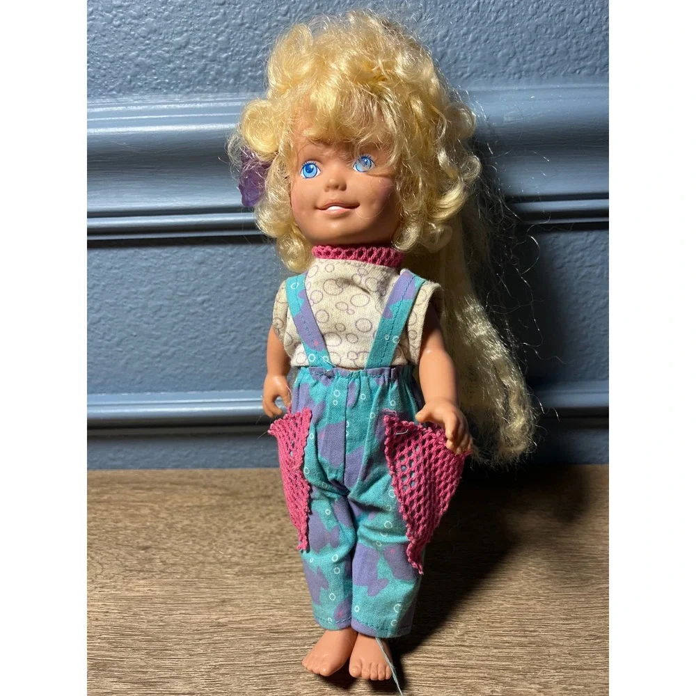 Playskool 1997 Talking Doll Blonde Curly Hair Pink Blue Overalls